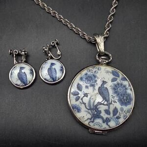Goldette Blue White Porcelain Bird Locket Necklace Clip On Earrings Set Vintage